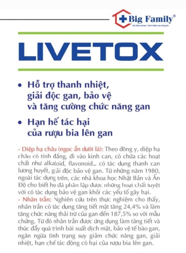 Viên uống bổ gan Livetox Bigfam hỗ trợ giải độc và tăng cường chức năng gan